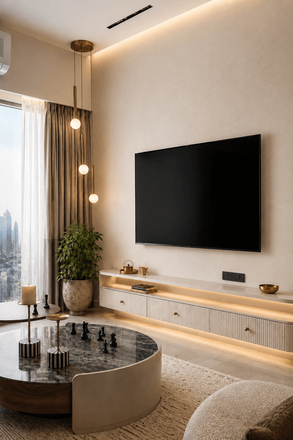 Contemporary living room with fluted TV console, marble coffee table, gold pendants, and a city skyline view