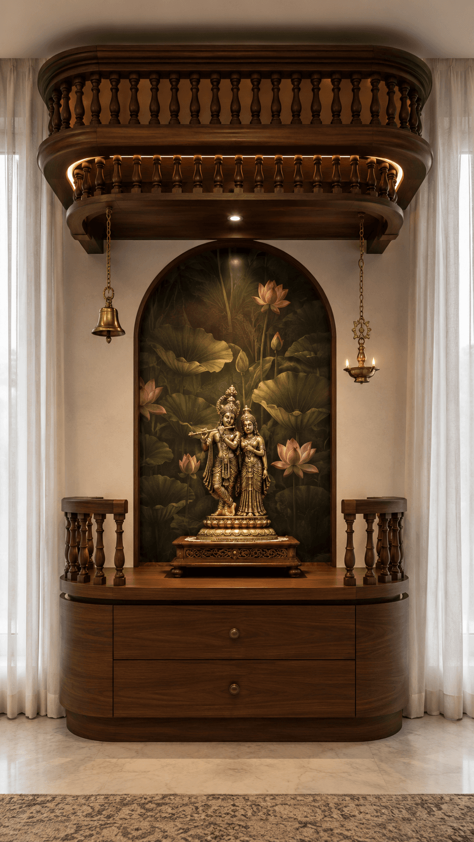 Custom wooden home mandir with Radha Krishna statue, lotus mural backdrop, and warm recessed lighting